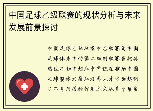 中国足球乙级联赛的现状分析与未来发展前景探讨