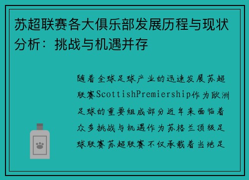苏超联赛各大俱乐部发展历程与现状分析：挑战与机遇并存